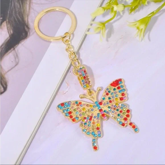 Gift 2/28/25 Colorful rhinestone and gold butterfly keychain or bag charm - Picture 1 of 2
